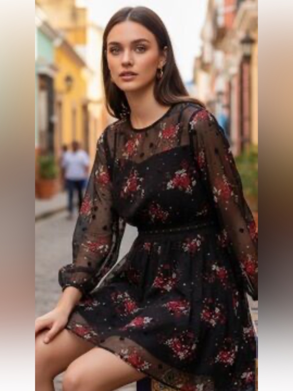 Zara Black Floral Whimsygoth Chiffon Mini Dress S Bishop Sleeve Fairygrunge Lace